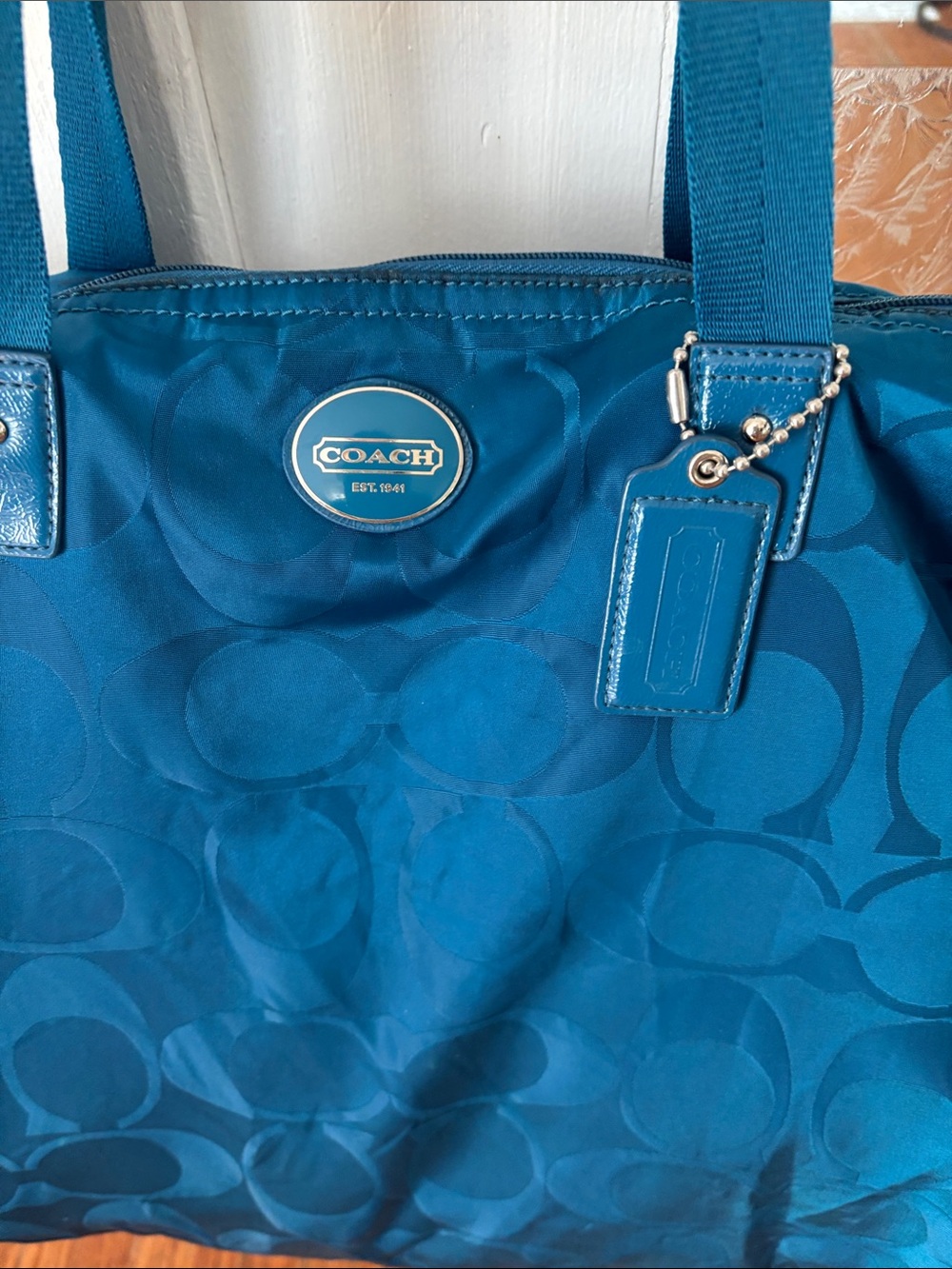 Coach Teal Signature Jacquard Tote - Picture 2 of 9